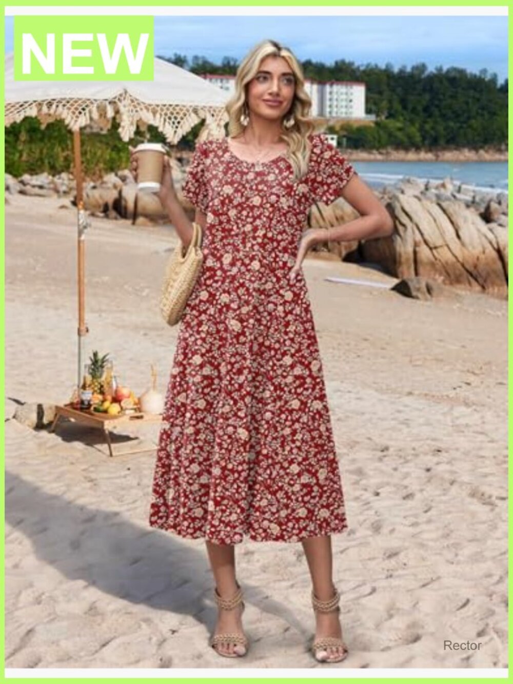 Casual Midi Dress Pleated Flare Sundress Short Sleeve A-Line Swing Dress - Picture 4 of 7